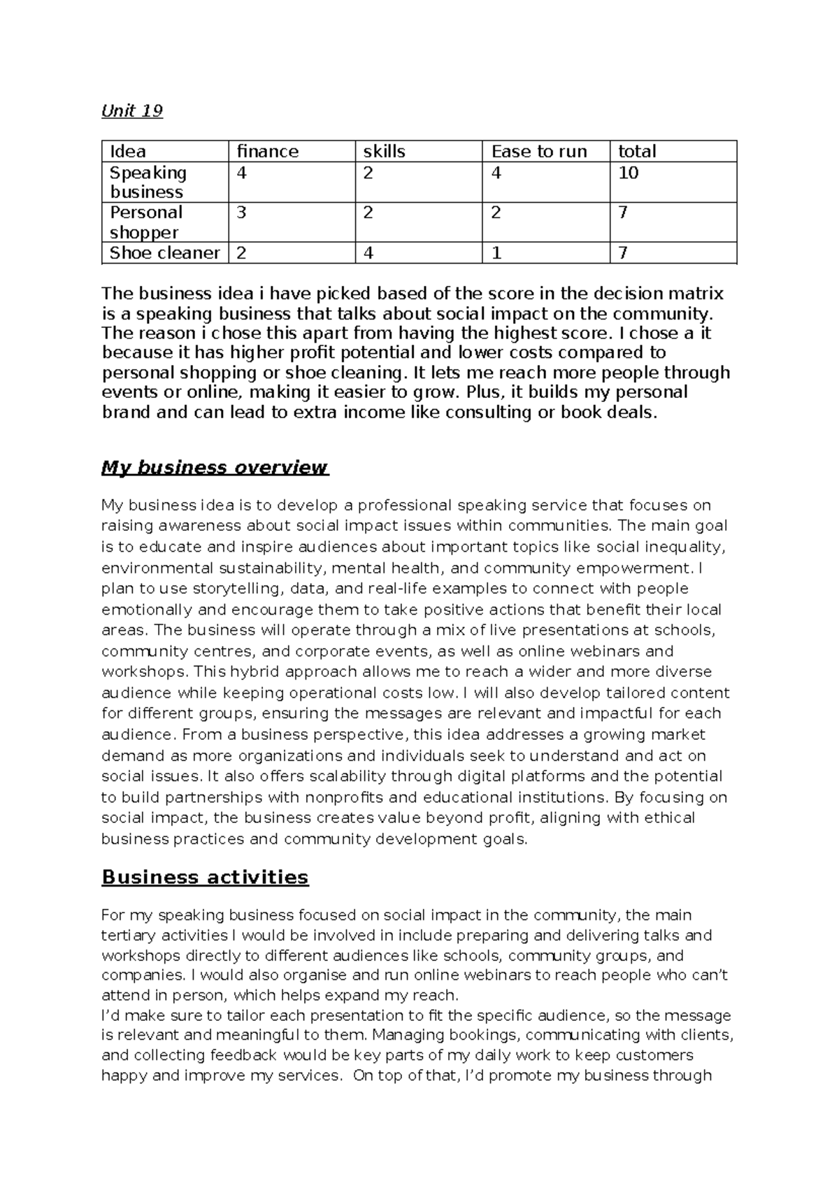 Unit 19 - Business Idea: Social Impact Speaking Service Overview - Studocu