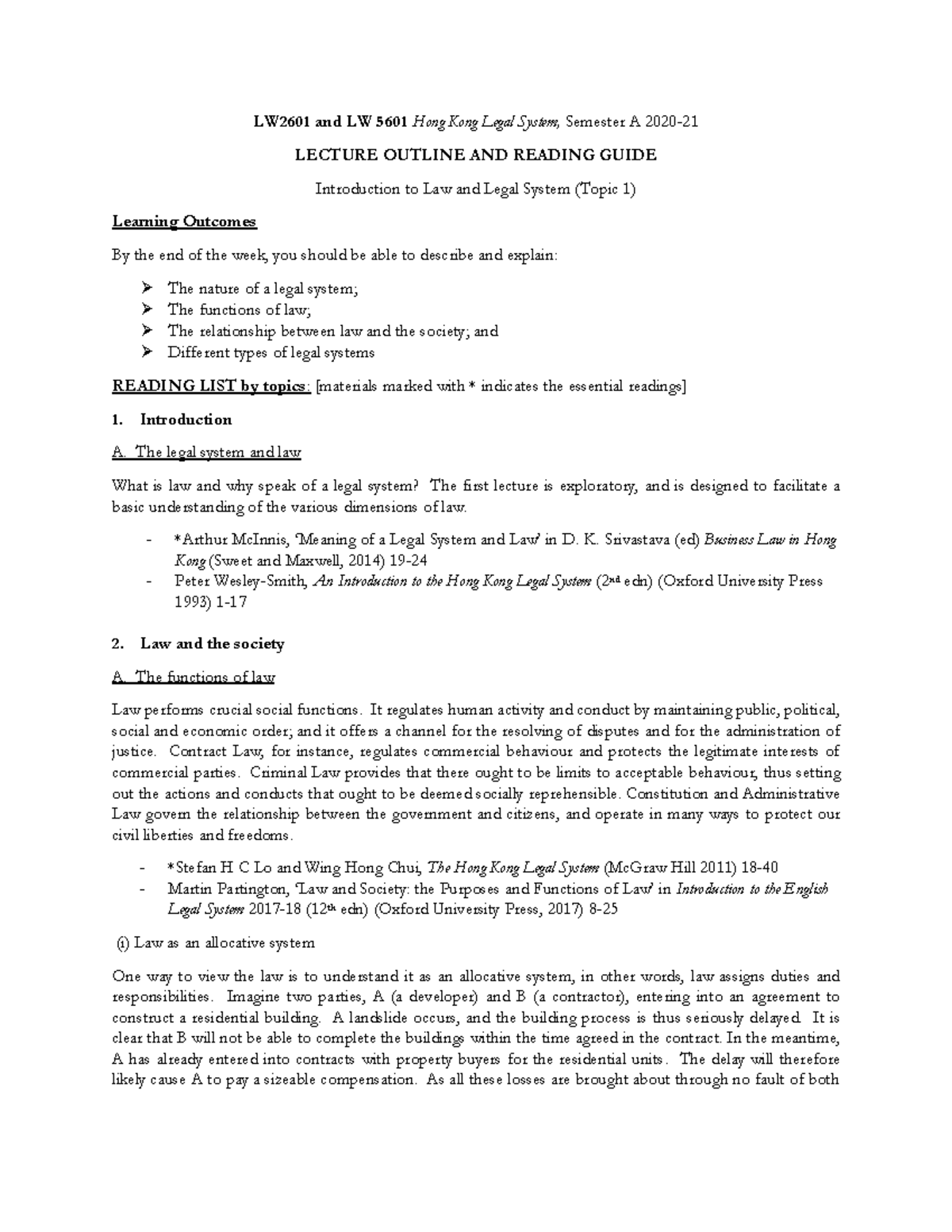 Reading Guide for Topic 1 The Law and the Legal System - LW 2601 and LW ...