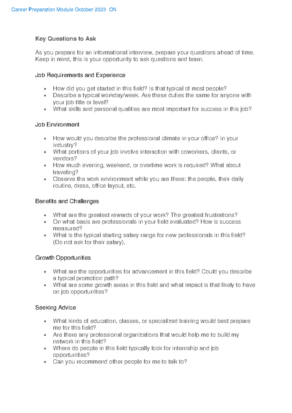 Informational Interview Questions for Career Prep Module CN - Oct 2023 ...