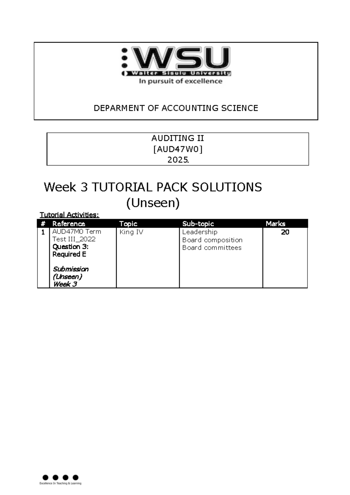 AUD47M0 Week 3 King IV Tutorial Pack Solutions (Unseen) - Studocu