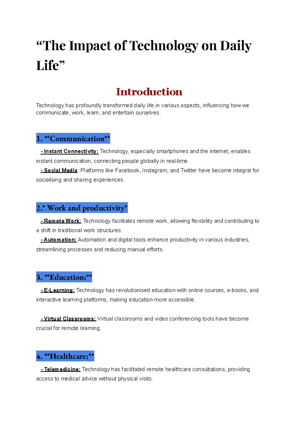 The Impact of Technology on Daily Life: A Comprehensive Overview - Studocu