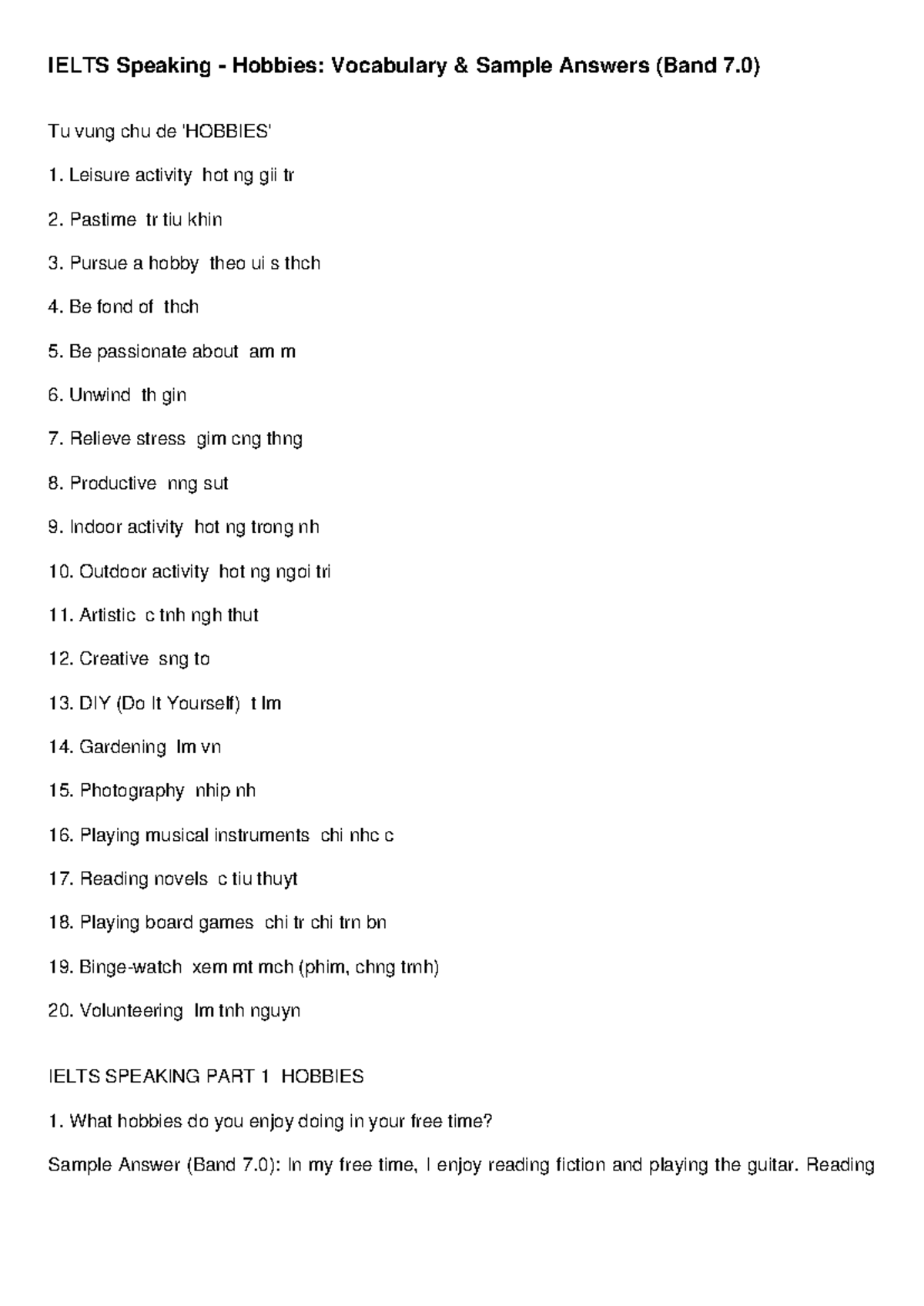 IELTS Speaking Hobbies: Vocabulary & Sample Answers (Band 7.0) - Studocu