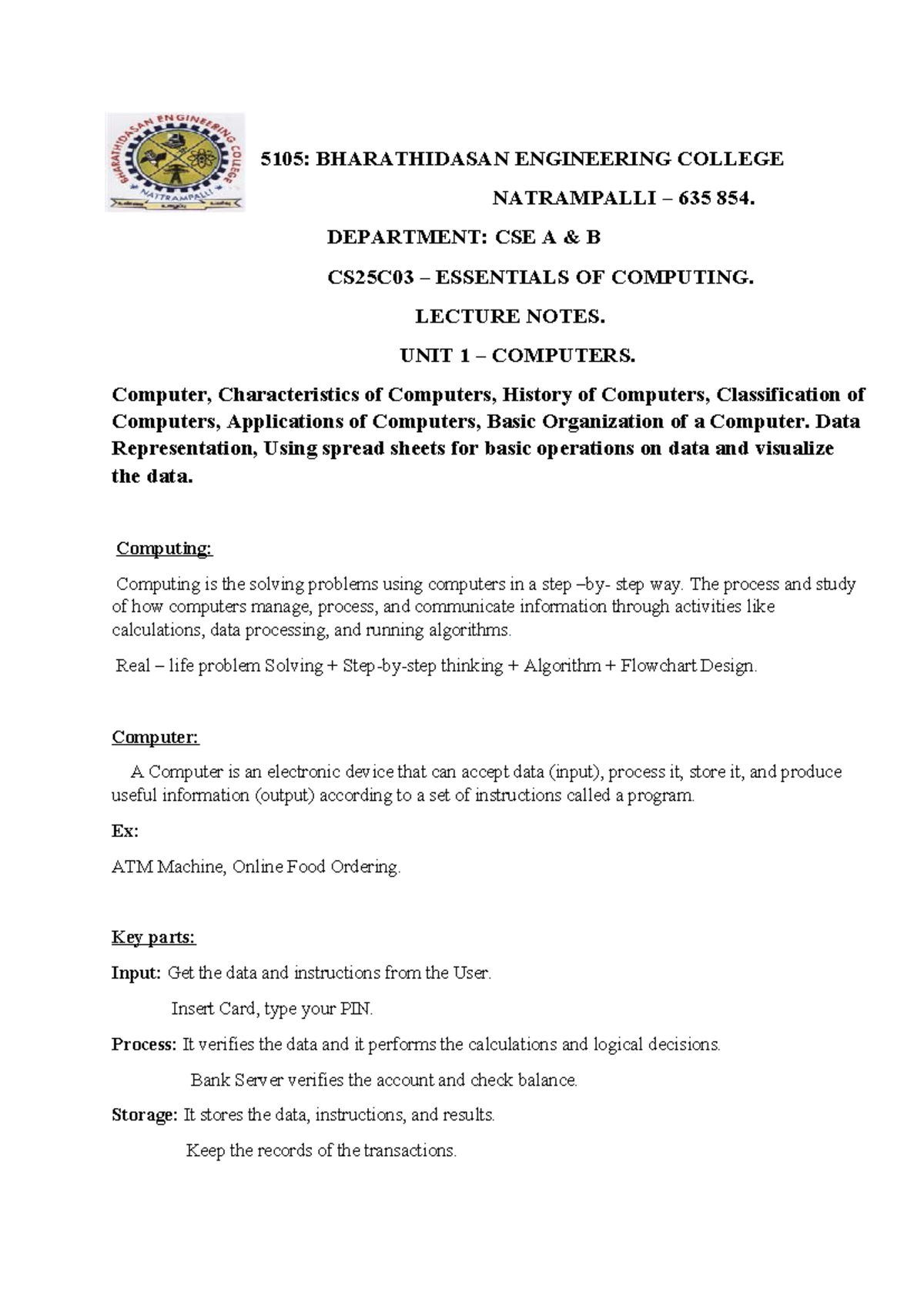 EC 5105: Essentials of Computing - Lecture Notes on Unit 1 - Studocu