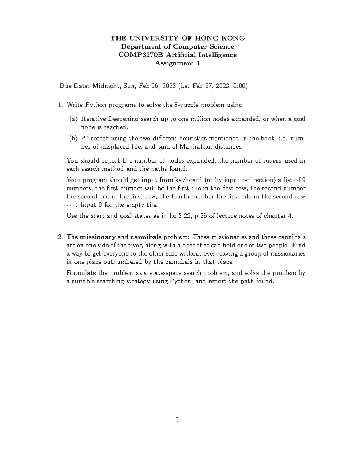 Assignment 1 - AI homework problem - THE UNIVERSITY OF HONG KONG ...