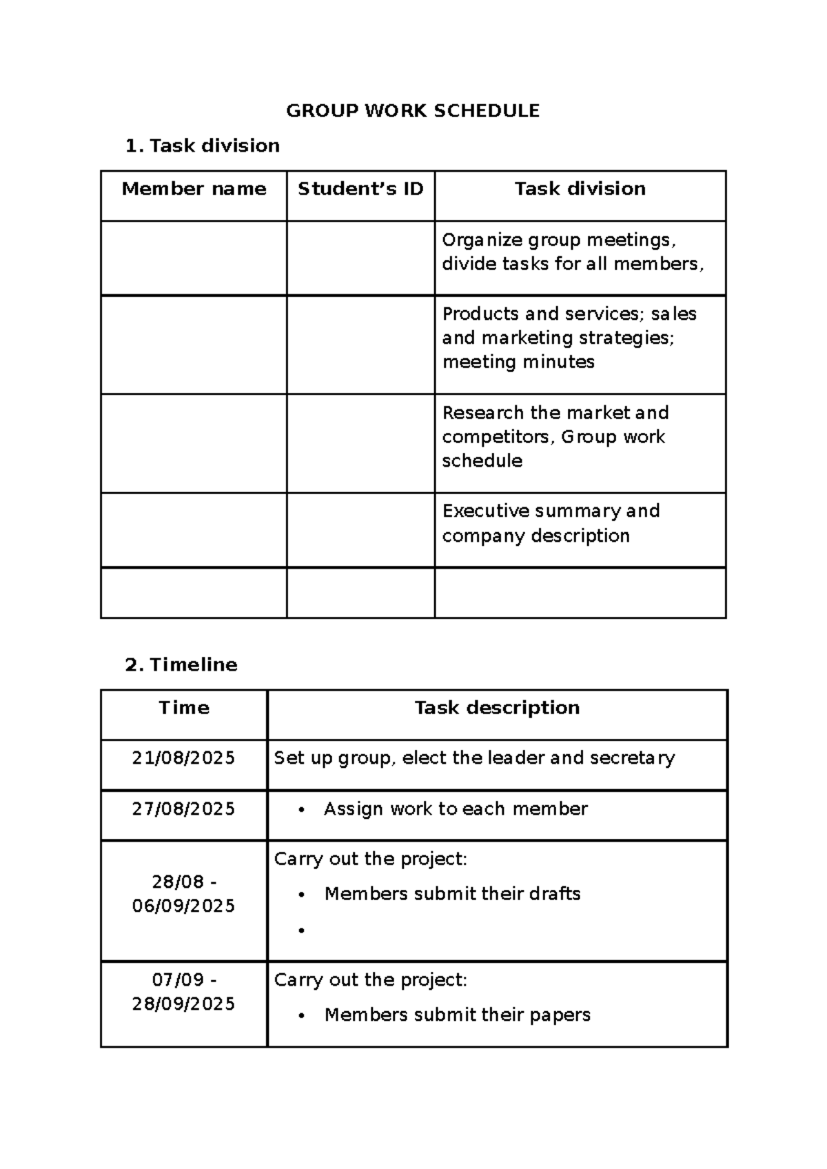 Group WORK Schedule - GROUP WORK SCHEDULE Task division Member name ...
