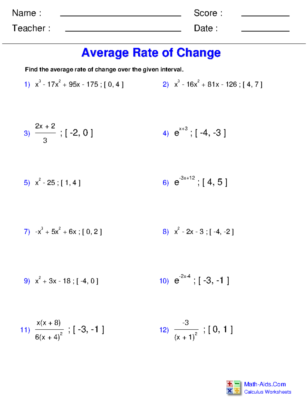 Calc diff Rule avg Rate 8 - Find the average rate of change over the ...