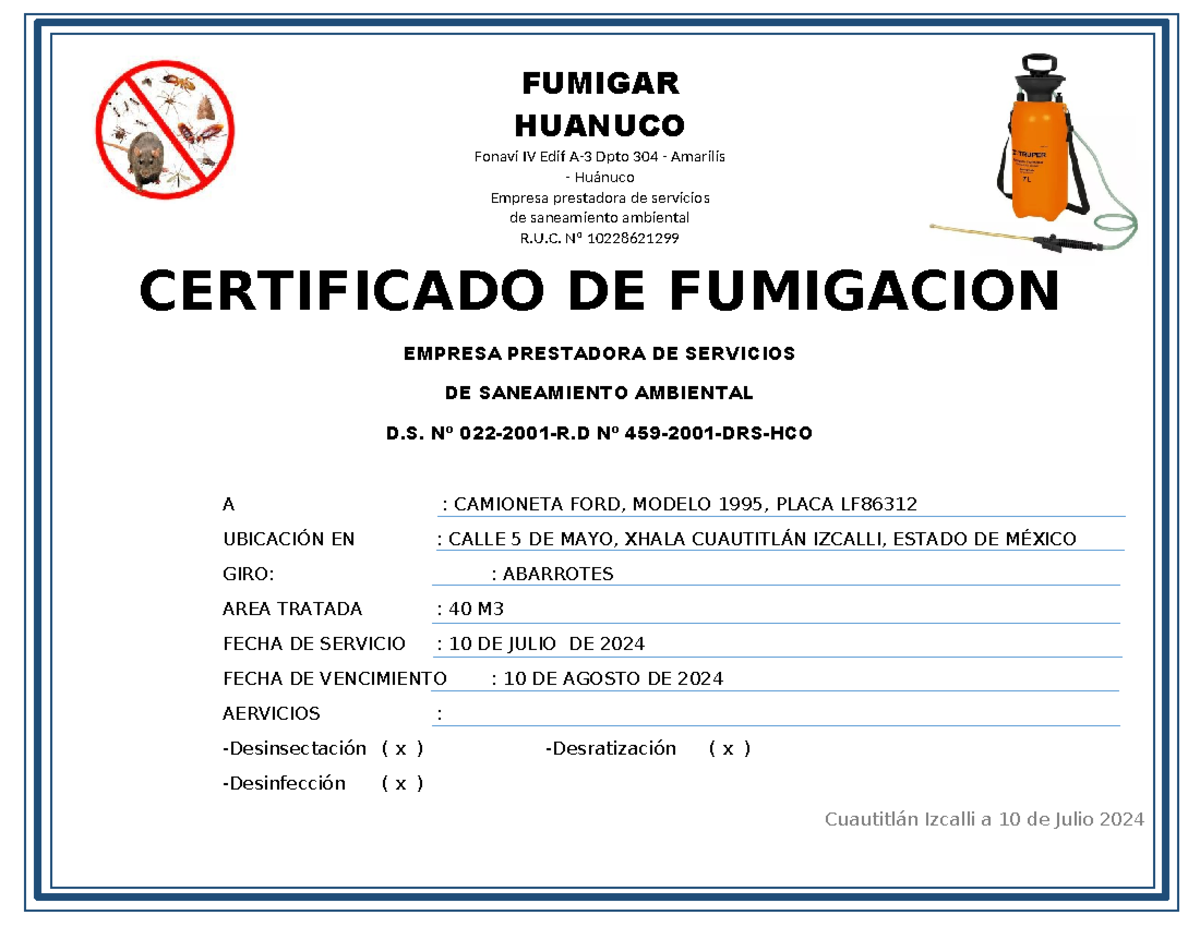 Certificado DE Fumigacion 2024 - CERTIFICADO DE FUMIGACION EMPRESA