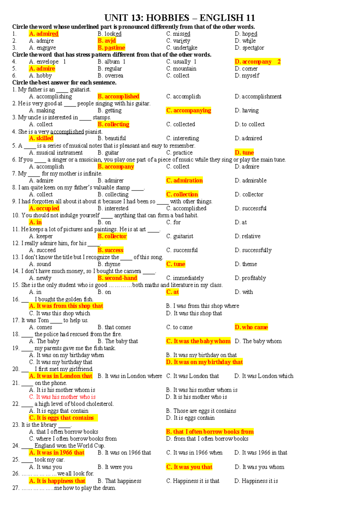 UNIT 13: HOBBIES ENGLISH 11 PRACTICE TEST AND REVIEW - Studocu