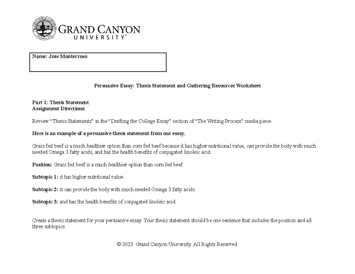 PHI105 T3 Persuasive Essay Thesis Statement & Resource Gathering 2023 -  Studocu