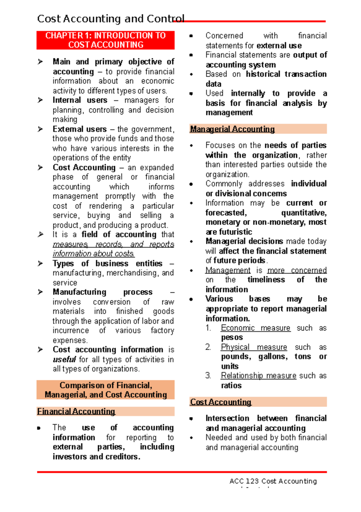 ACC 123 Cost Accounting and Control: Chapter 1 Overview - Studocu