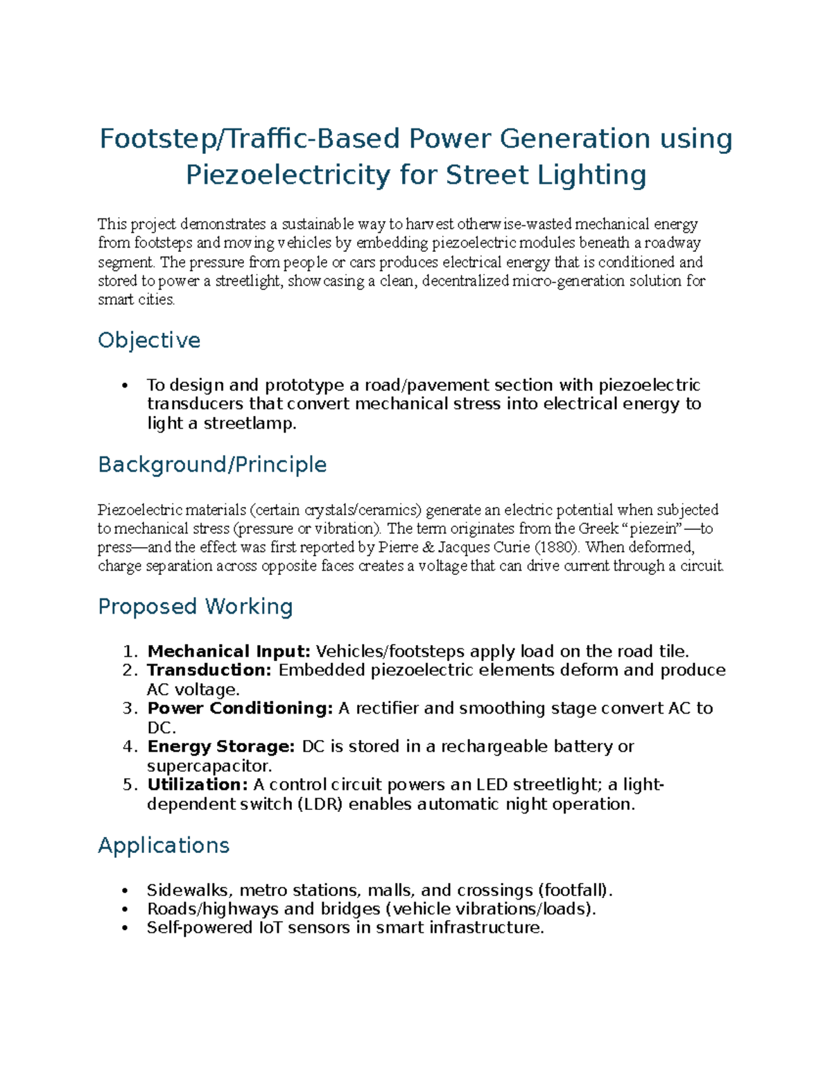 Power Generation using Piezoelectricity for Street Lighting - Synopsis ...