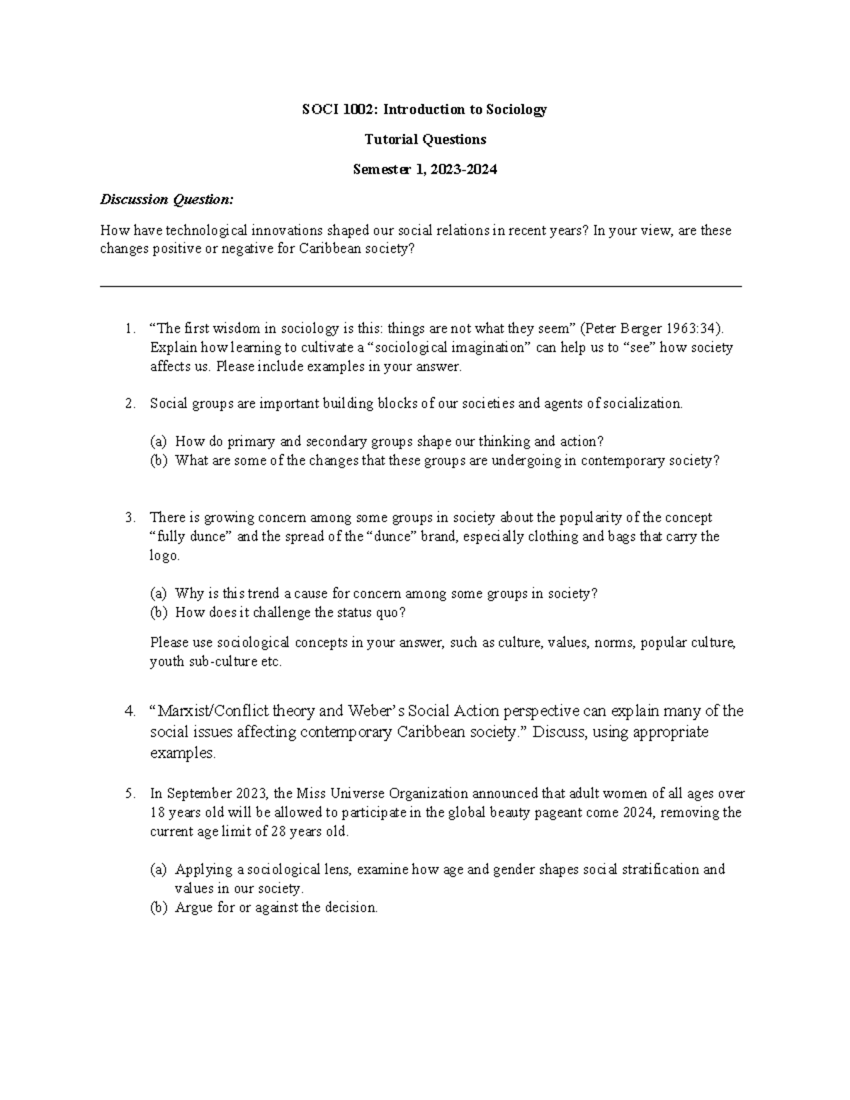 SOCI 1002: Semester 1 Tutorial Questions on Social Relations & Change ...