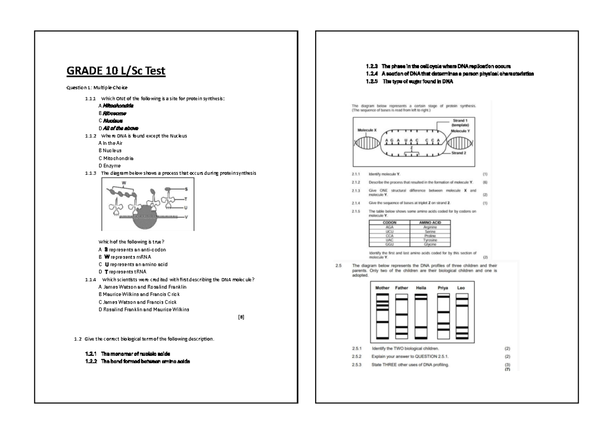 LSc Gr12 - Life Science Grade 12 Practice Questions on DNA - Studocu