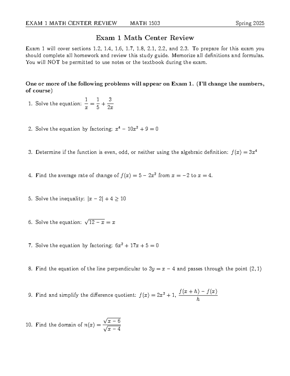 Exam 1 Math Center Review Guide for MATH 1503 - Spring 2025 - Studocu