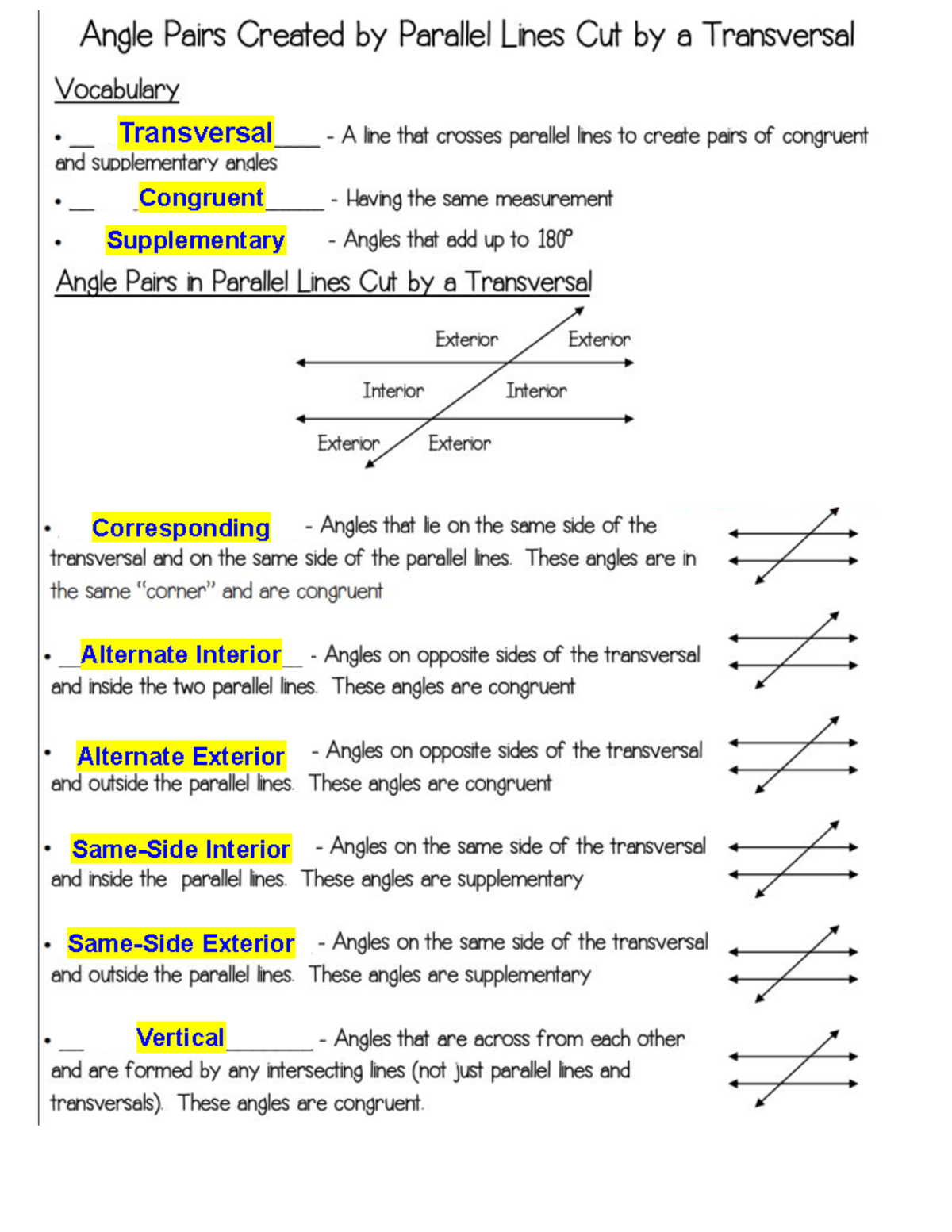 Angle Pairs Created by Parallel Lines Cut by a Transversal - Answers ...
