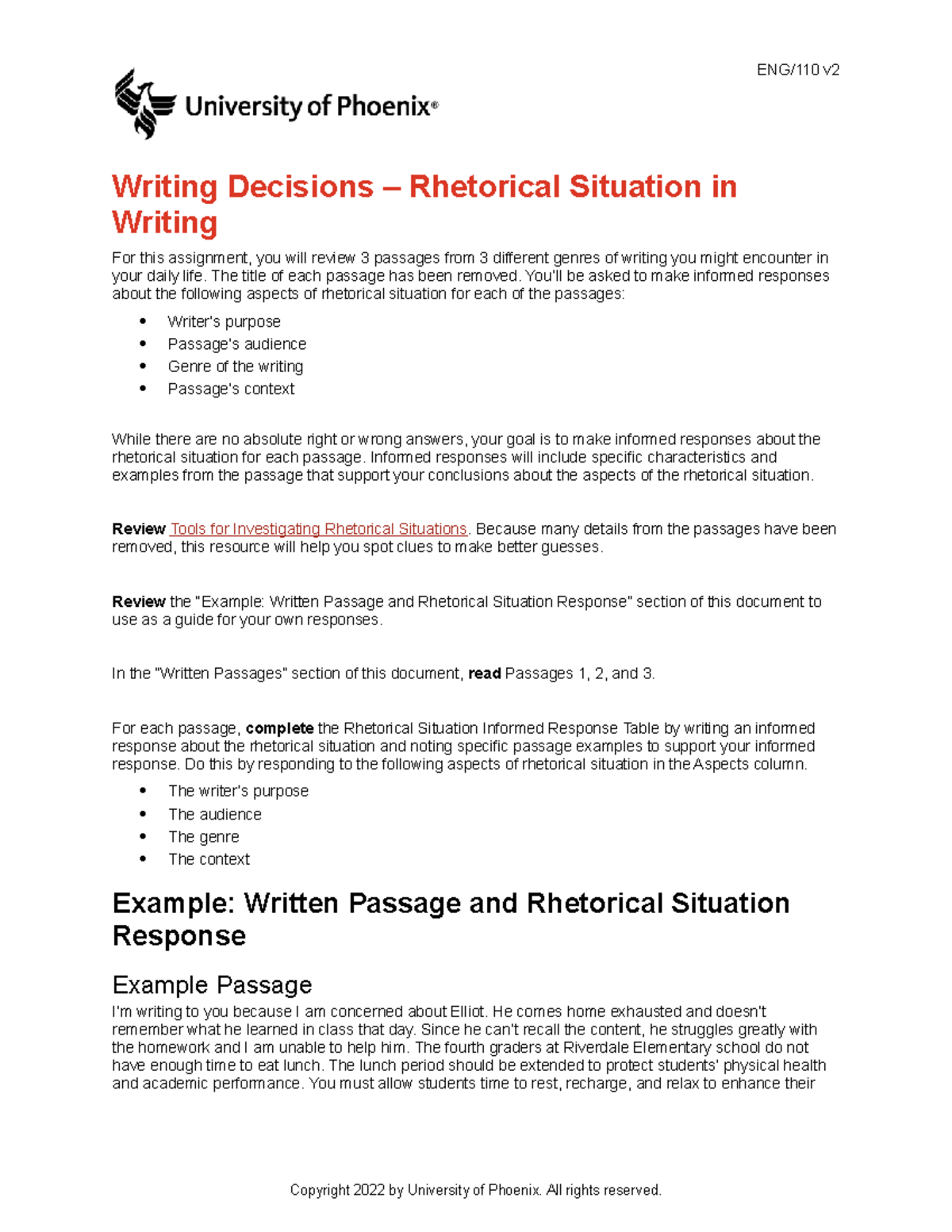 Eng 110 rhectorial worksheet - ENG/110 v Writing Decisions – Rhetorical ...