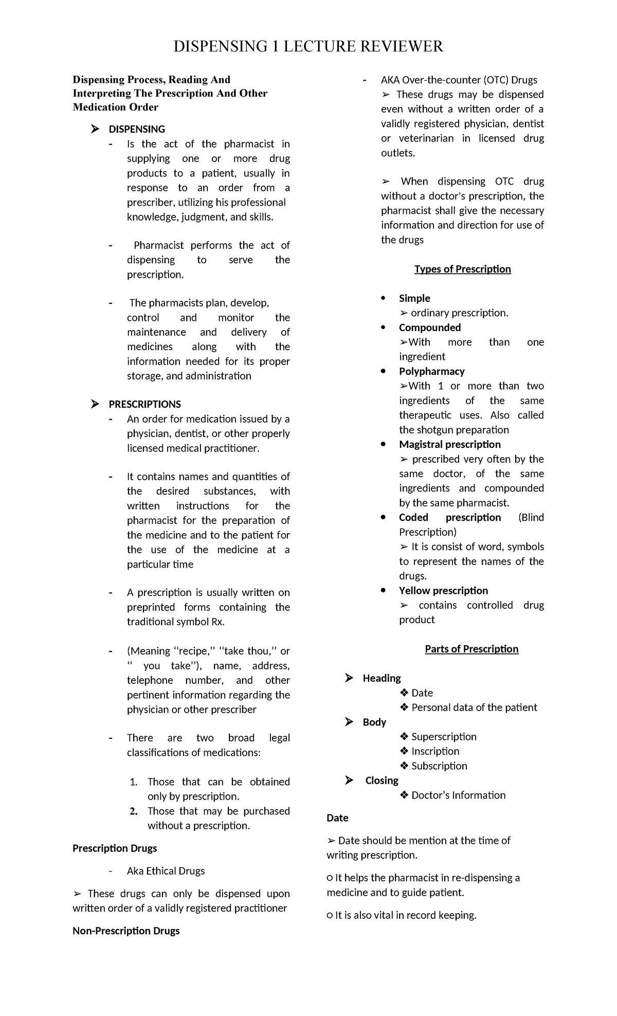 DISPENSING 1 LECTURE REVIEWER: Understanding Prescription Processes and ...