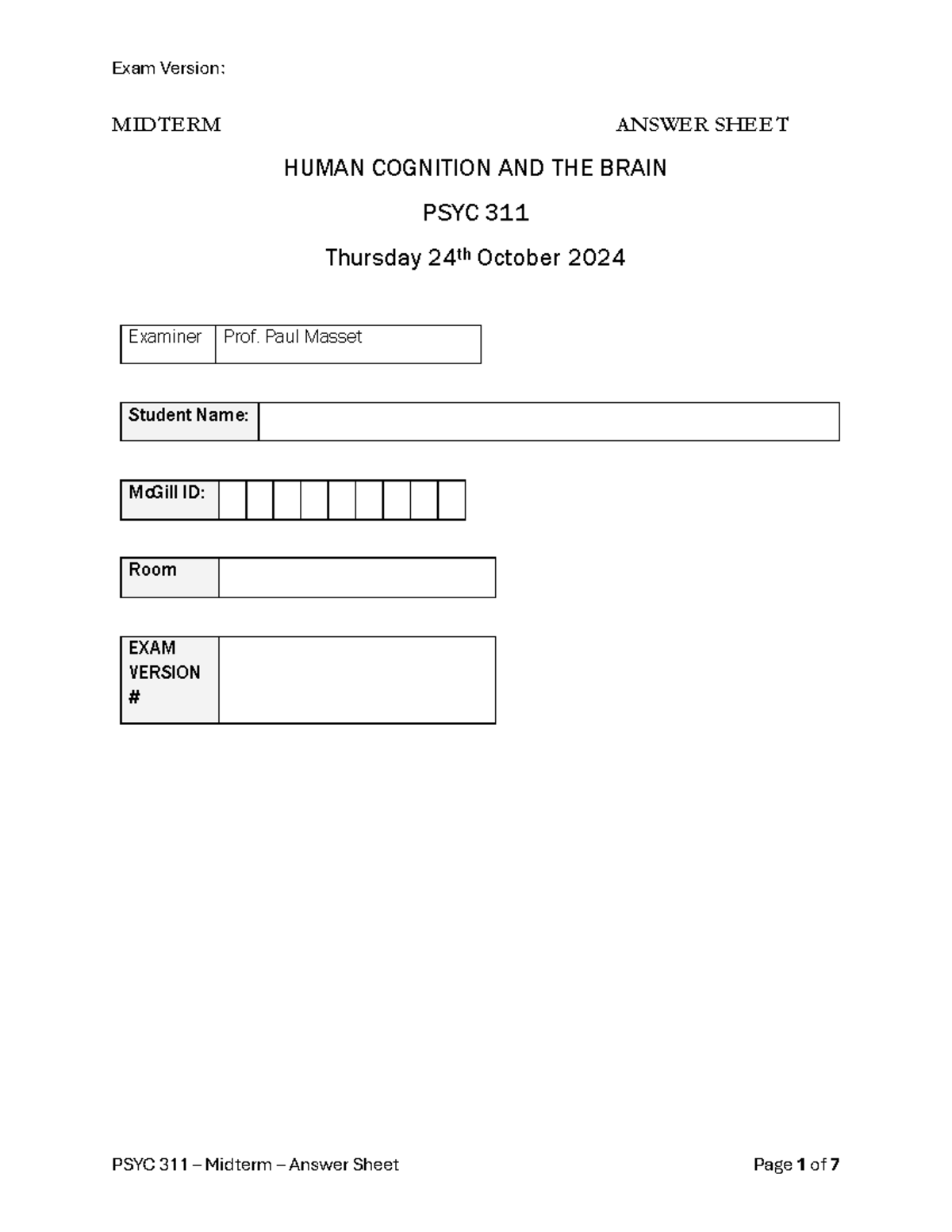 PSYC 311 Midterm Exam Answer Key - Human Cognition & Brain - Studocu