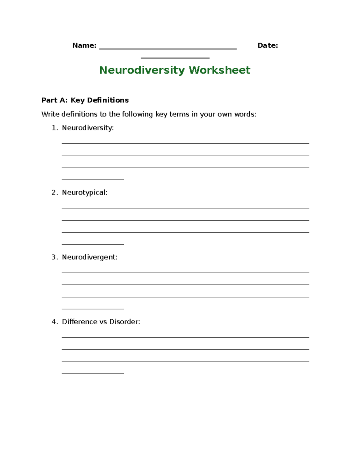 Neurodiversity Worksheet: Key Definitions & Scenario Analysis - Studocu