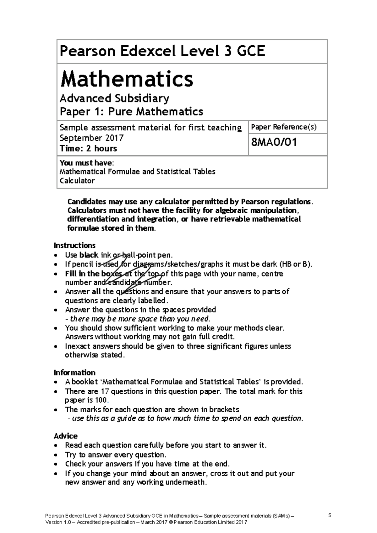 Pearson Edexcel Level 3 GCE Mathematics AS Paper 1: Pure Maths Sample ...