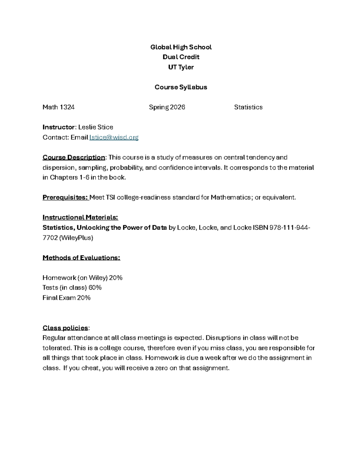 Math 1324 Syllabus: Statistics Course - Spring 2026 - Studocu