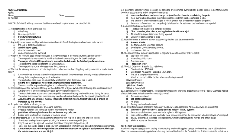 COST ACCOUNTING Quiz 2: Multiple Choice Questions & Answers - Studocu