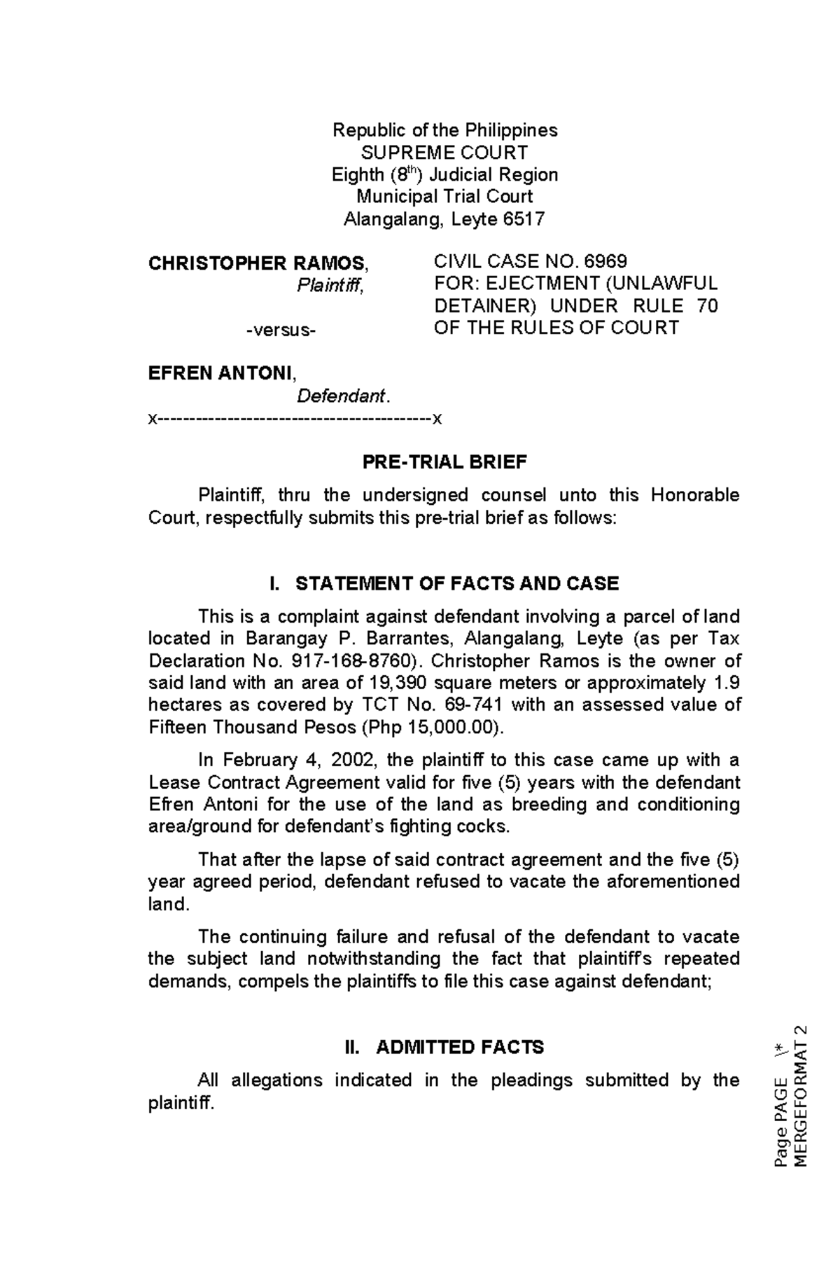 Pre-Trial Brief for Civil Case No. 6969: Ejectment (Unlawful Detainer ...