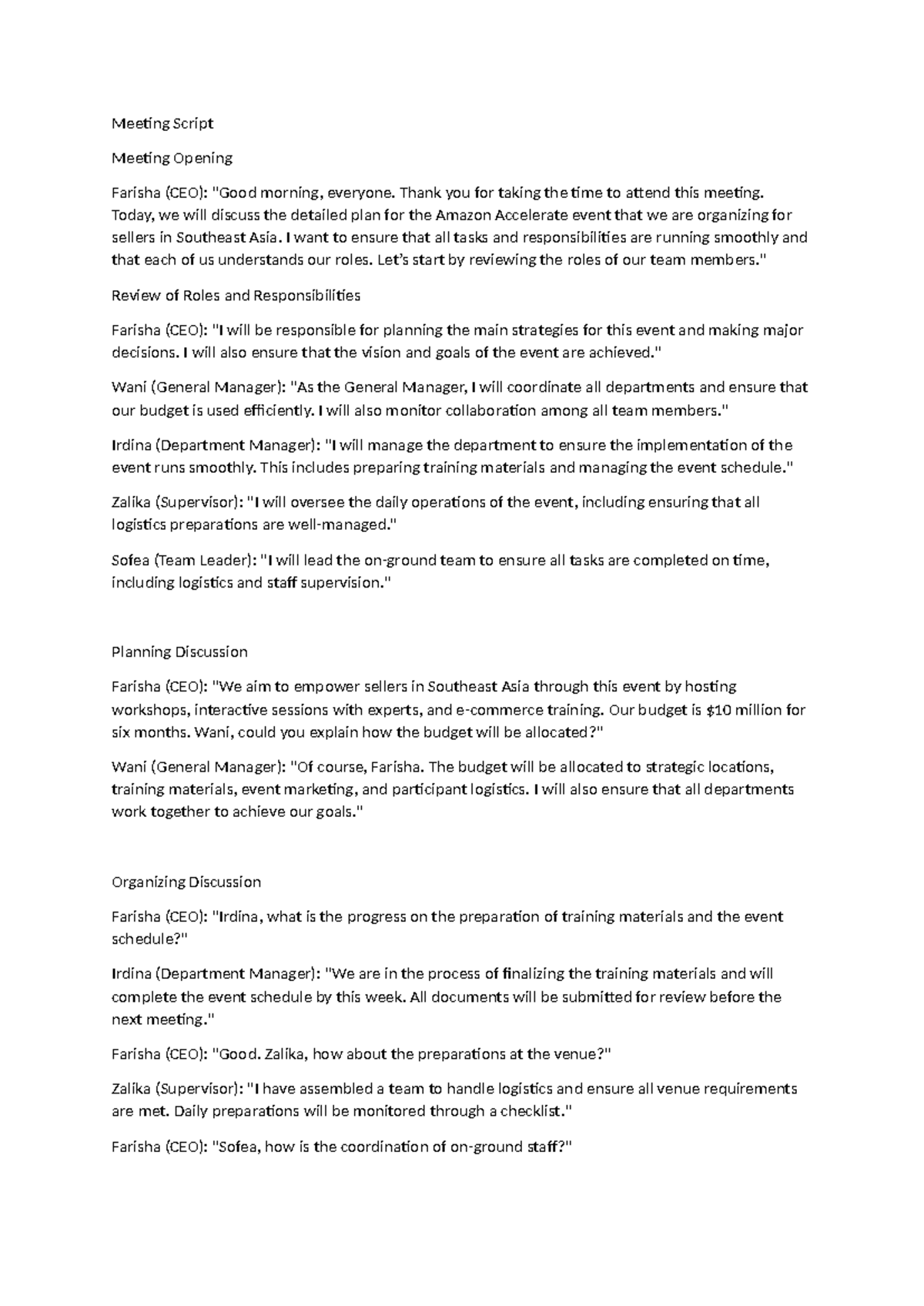 Meeting Script for MGT162: Planning the Amazon Accelerate Event - Studocu