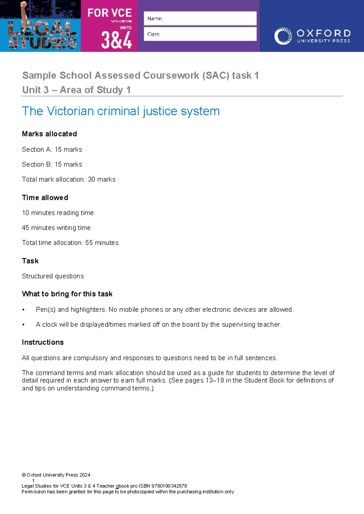 Legal Studies VCE Unit 3 Area of Study 1 SAC 1: Victorian Criminal ...