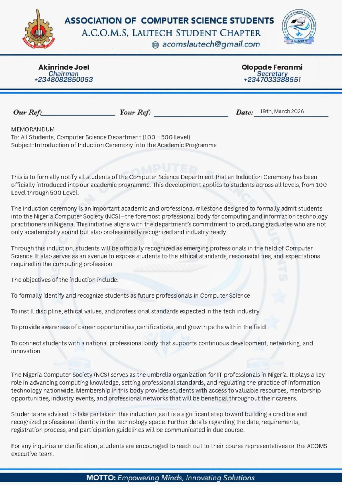 Memorandum for CSC Induction Ceremony Announcement - Studocu