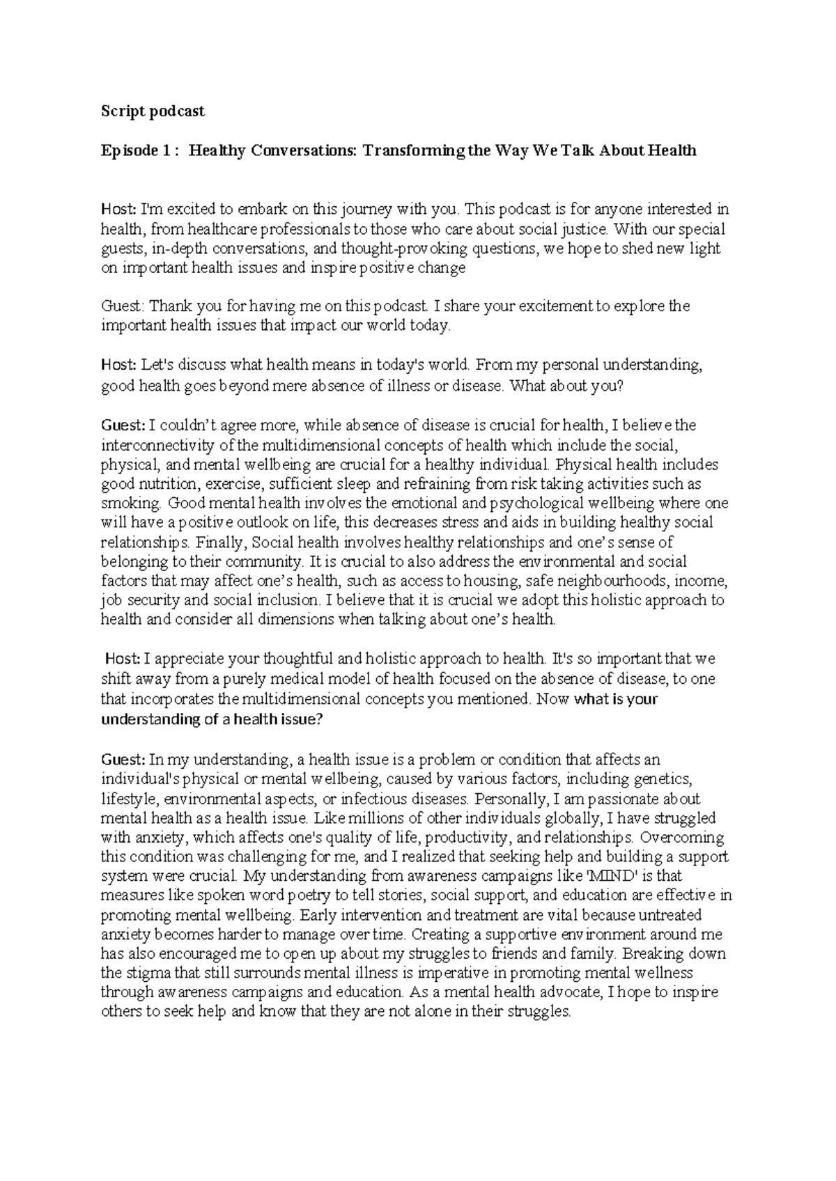 Podcast Script: Healthy Conversations on Health & Well-Being - Studocu