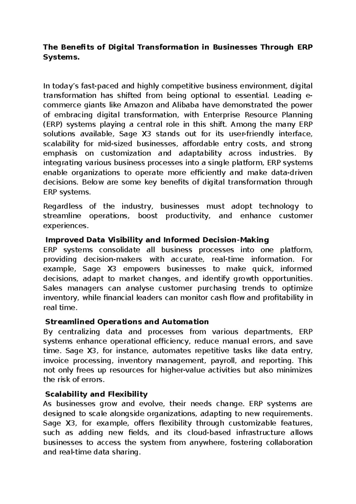 The Advantages of Digital Transformation via ERP Systems (BUS 101 ...
