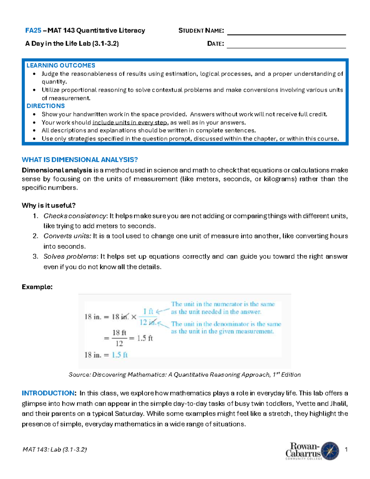 FA25 MAT 143 Quantitative Literacy: Dimensional Analysis Lab Guide ...