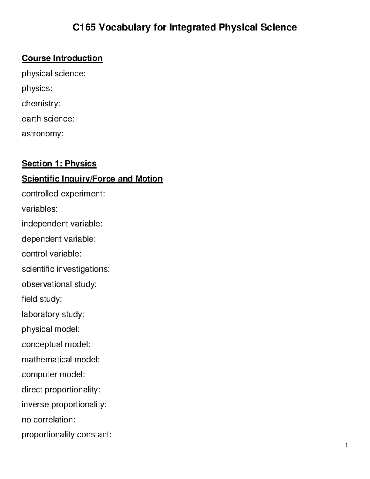 C165 Key Terms For Integrated Physical Science Physics Chemistry