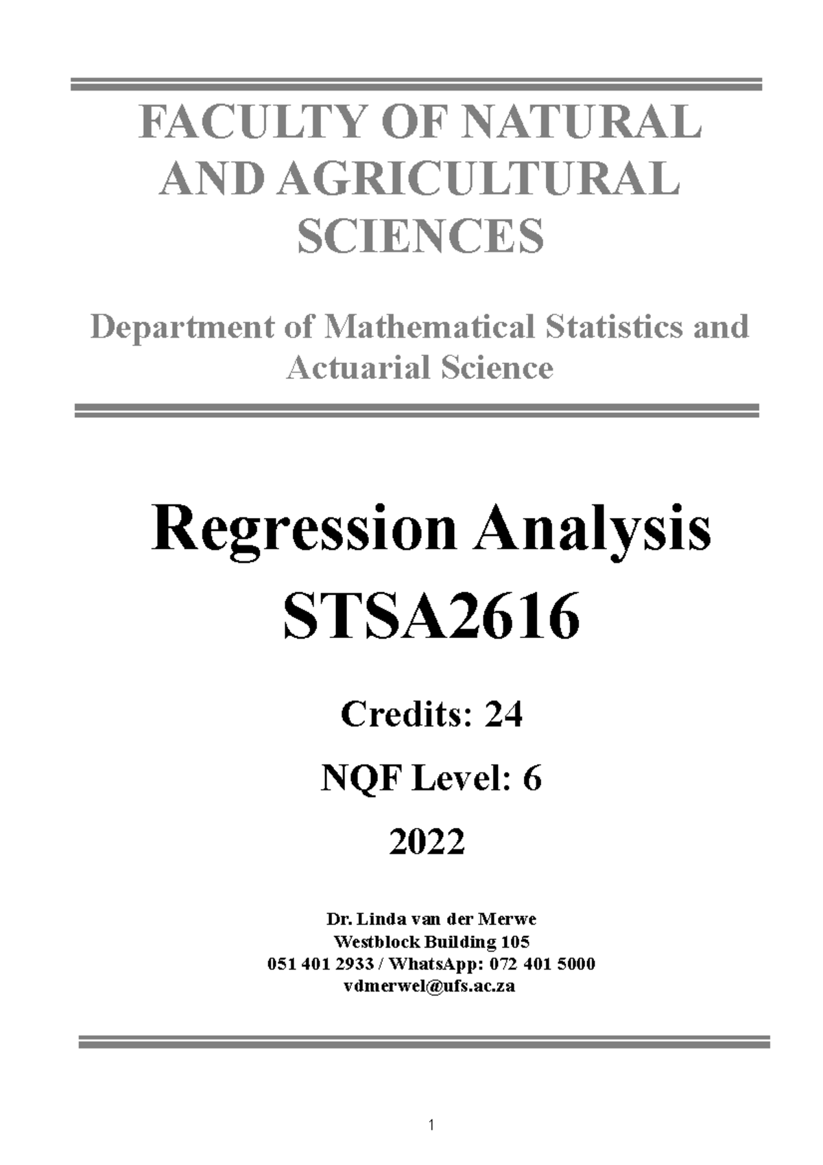 Lecture 1 - Introduction to Regression Analysis (STSA2616) - Studocu