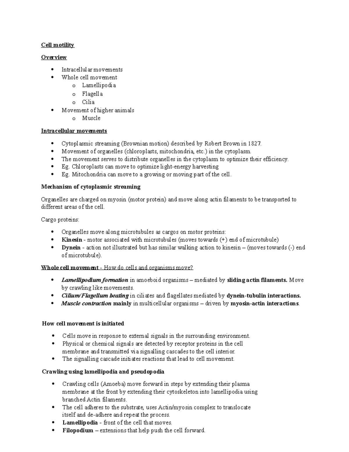 L6 - Cell Motility: Dynamics of Intracellular & Whole Cell Movement ...