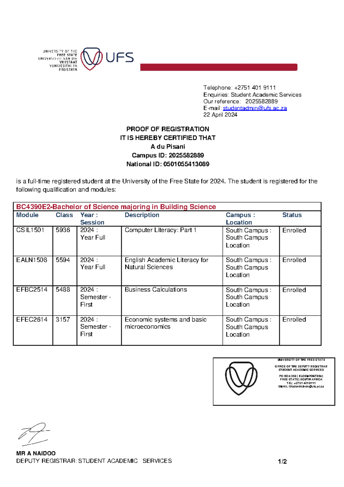 UFS Proof of Registration for A. du Pisani (2024) - Studocu