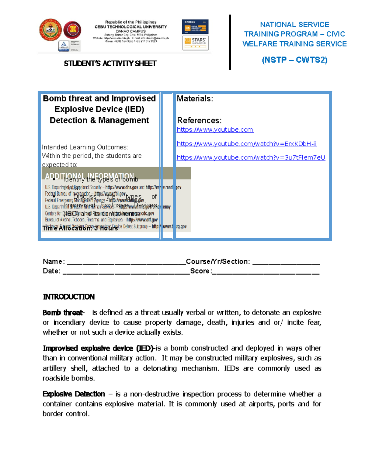 04IED Bomb Threat & IED Detection Management Activities Guide - Studocu