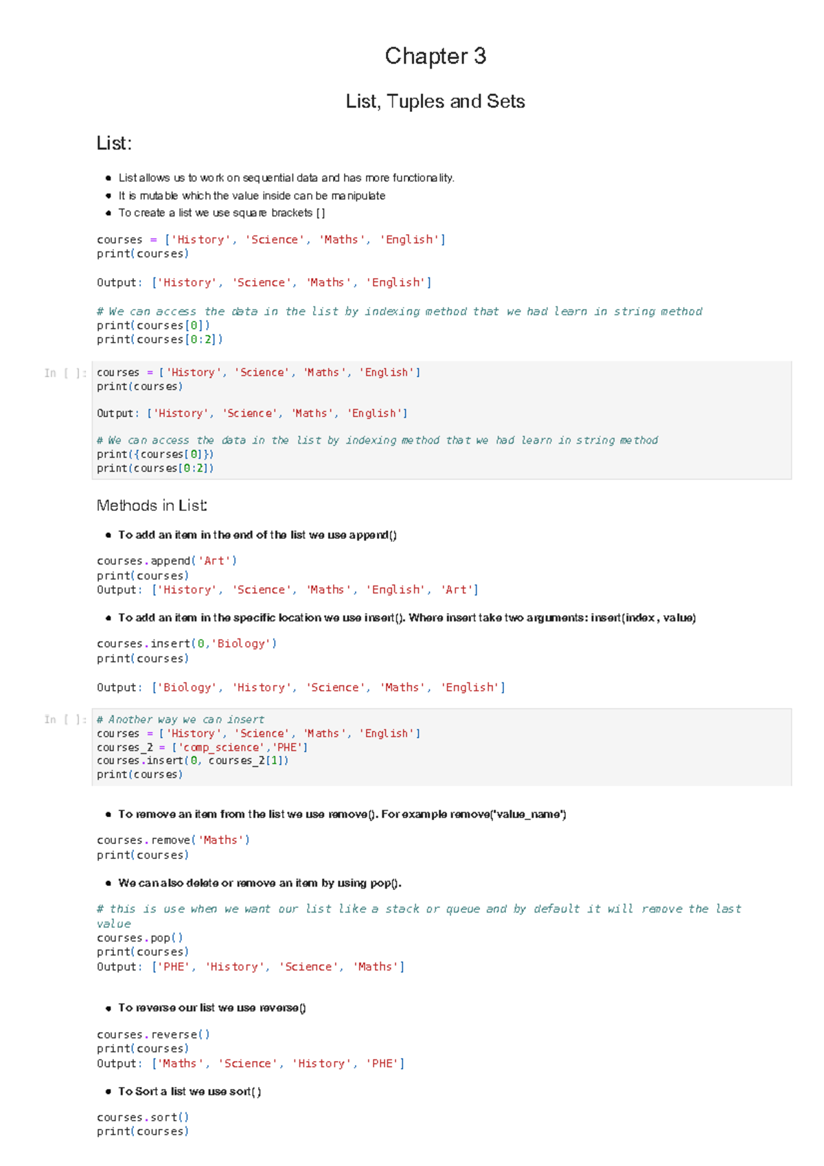 Chapter 3 - notes - Chapter 3 List, Tuples and Sets List: List allows ...