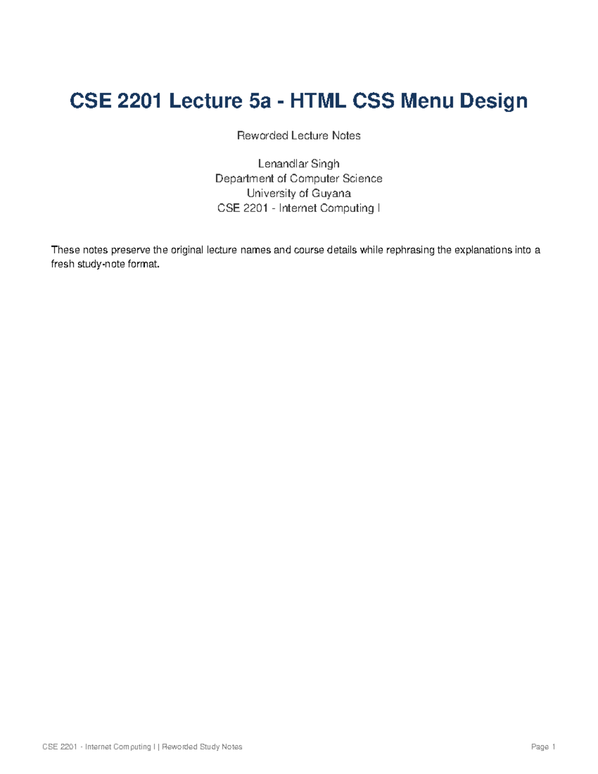 CSE 2201 Lecture 5a Reworded Notes on HTML & CSS Menu Design - Studocu