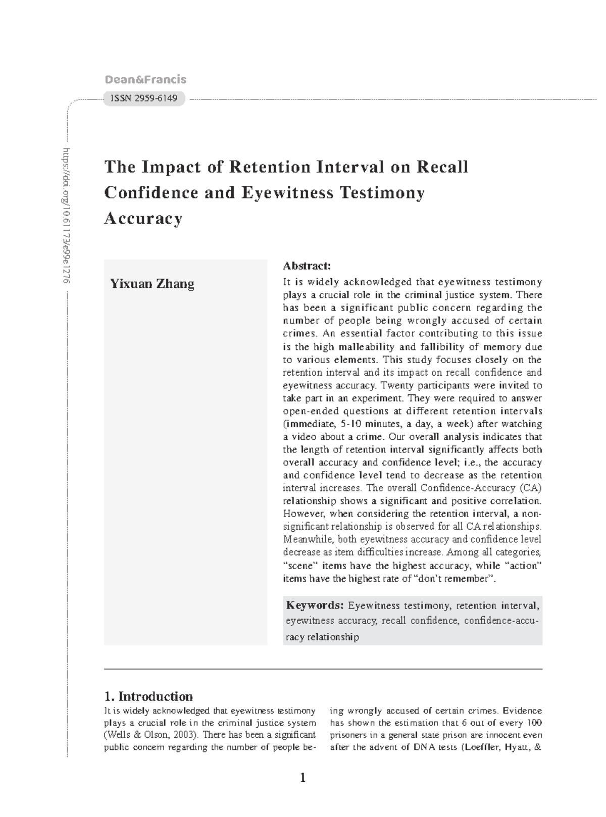 ISSN 2024 - The Effect of Retention Interval on Eyewitness Accuracy and ...