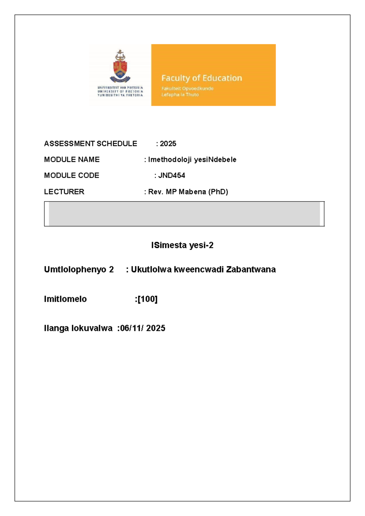Umtlolophenyo 2 - Final Assignment JND454 - 2025 - Studocu
