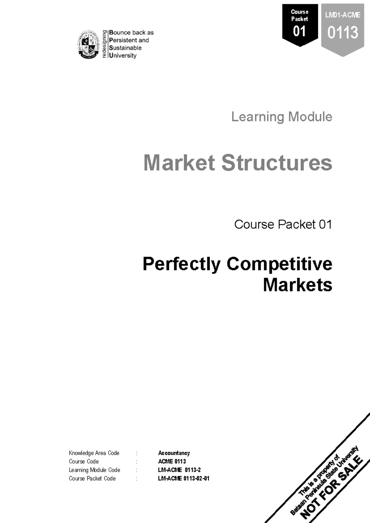 Course Packet 01 ACME 0113: Perfectly Competitive Markets Overview ...