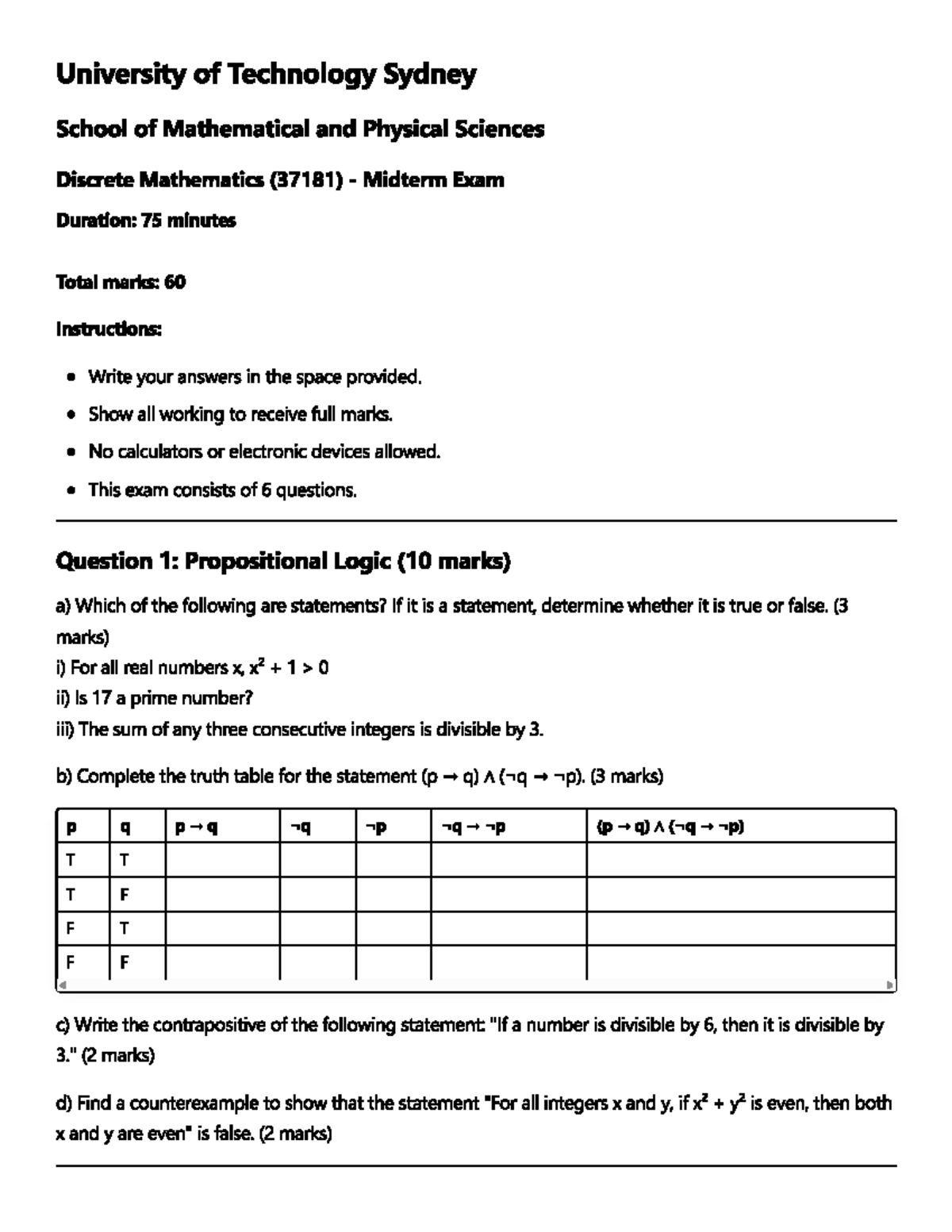 Discrete Mathematics (37181) Midterm Exam Practice Questions - Studocu