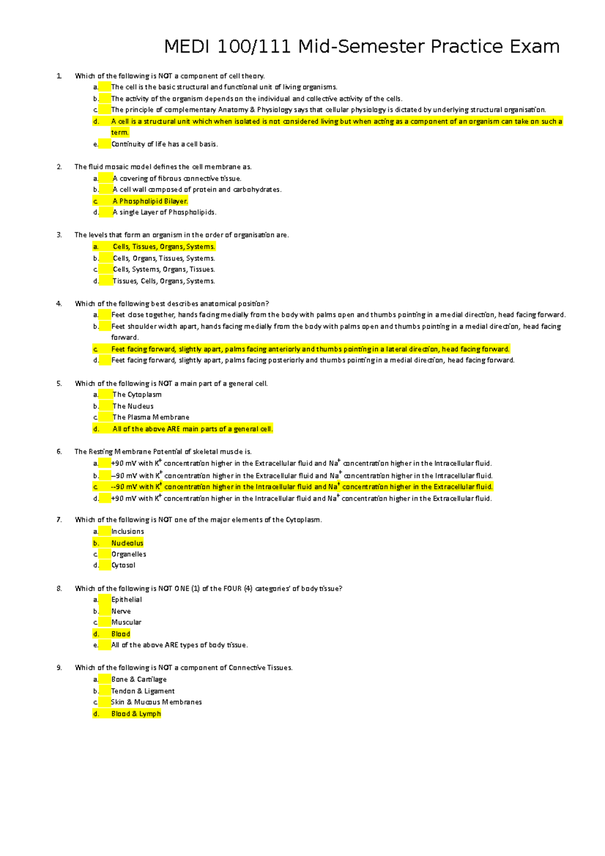 MEDI Midterm Practice Exam 6 August: Questions and Answers Analysis ...