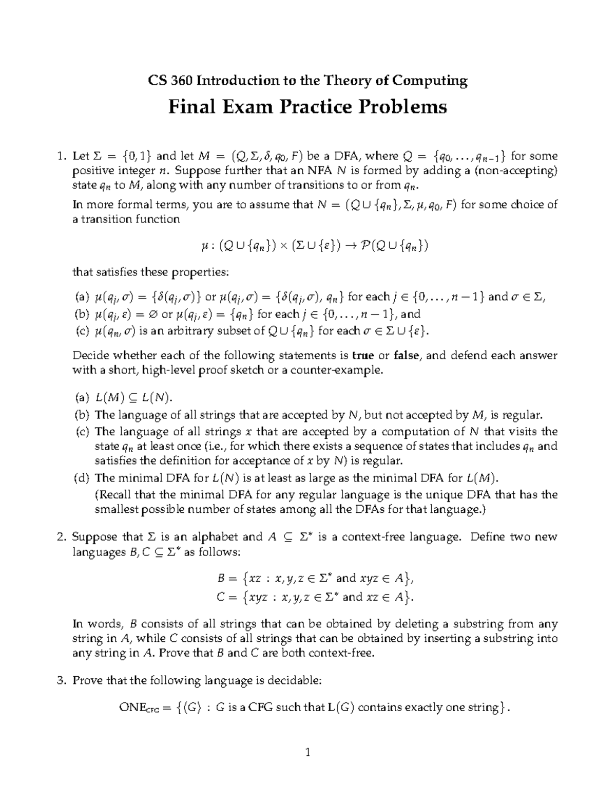 CS 360 Final Exam Practice Problems on Theory of Computing - Studocu