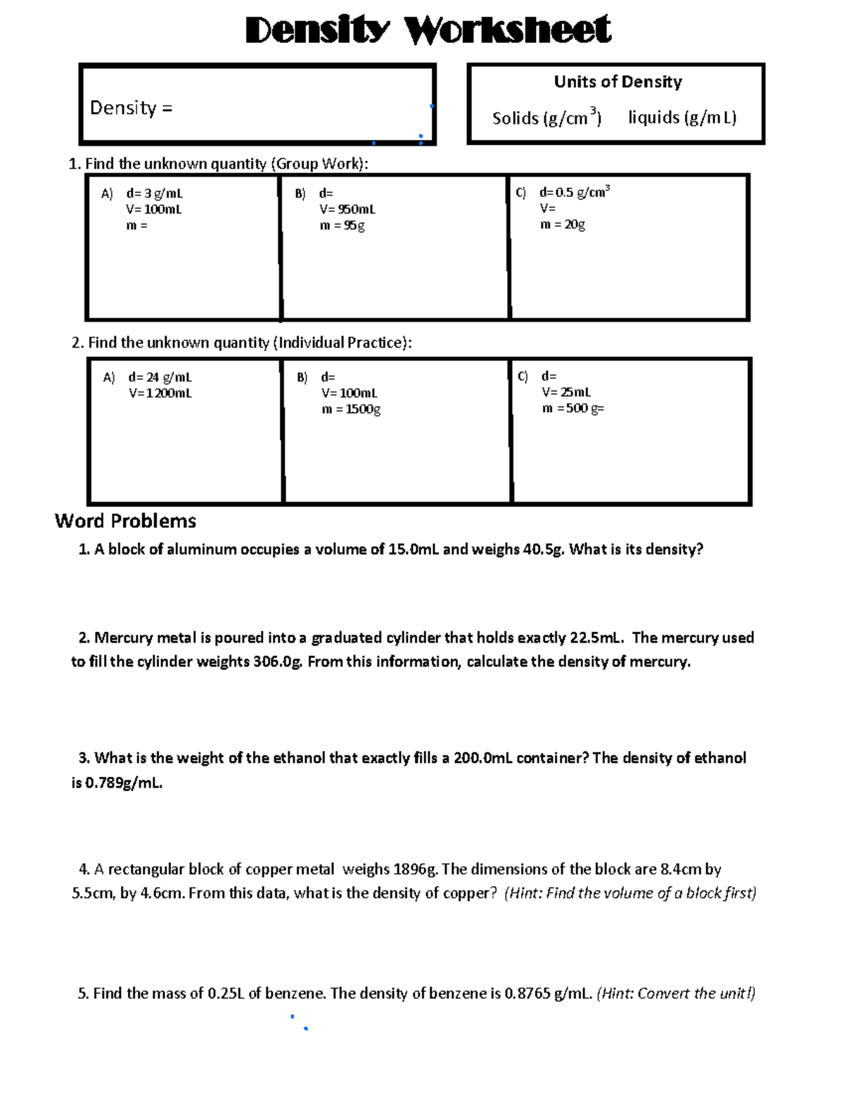 Ws finding density: worksheet on calculating density of solids and ...
