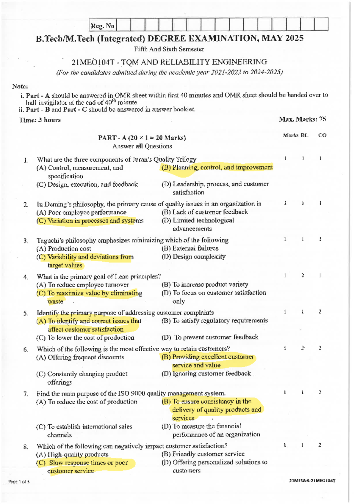 21MEO104T TQM & Reliability Engineering May 2025 Exam Questions - Studocu