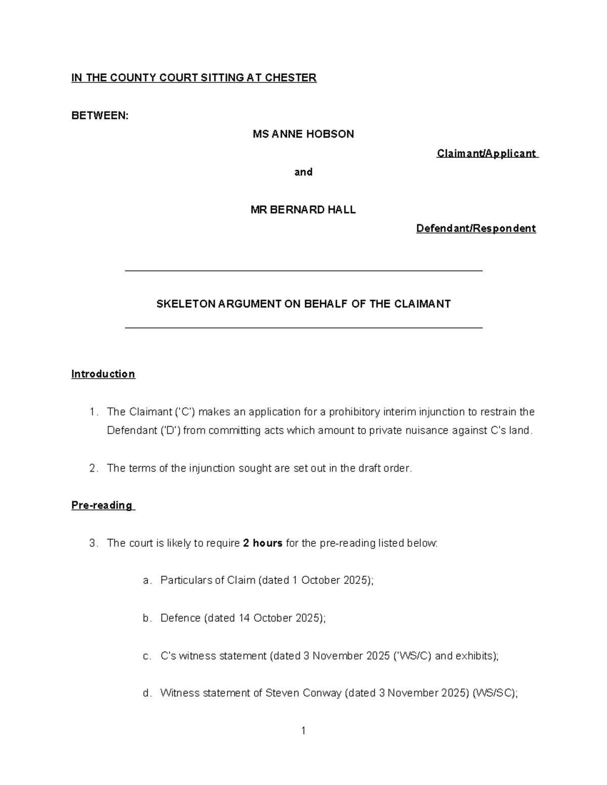 Exemplar Skeleton Argument - Interim Injunction Application (Private ...