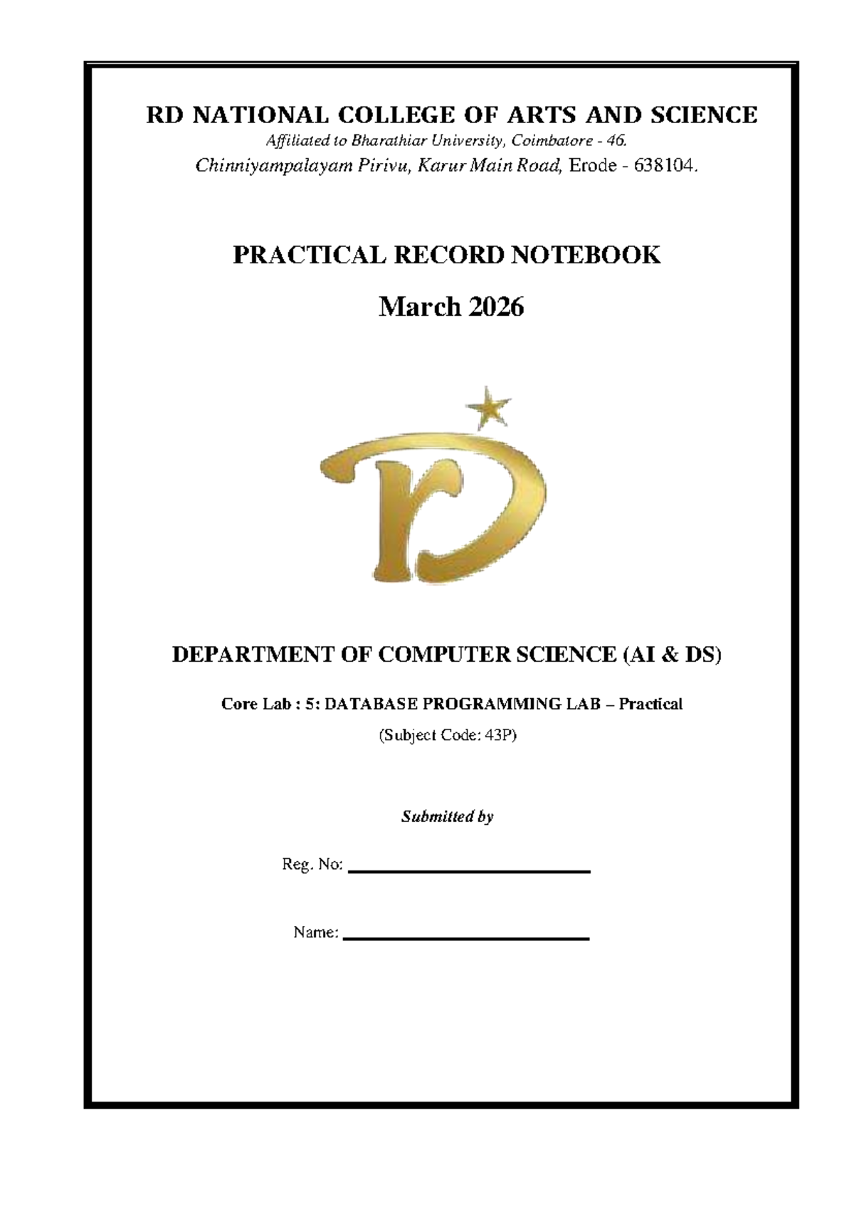 DB Lab Practical Record (43P) - March 2026 - Studocu